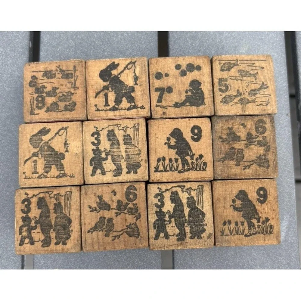 Vintage wood alphabet building blocks letters object animals pictures 1950's